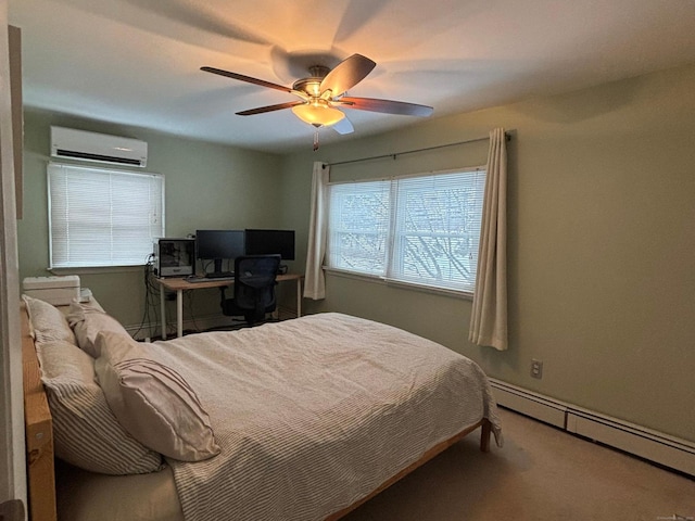 bedroom with a wall mounted air conditioner, ceiling fan, and baseboard heating