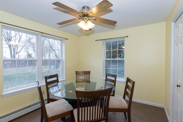 tiled dining room with baseboard heating and ceiling fan