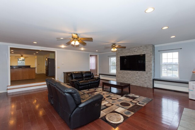 living room featuring a wealth of natural light, dark hardwood / wood-style floors, and crown molding