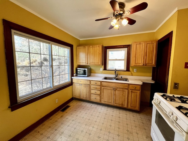 kitchen featuring sink, ceiling fan, crown molding, and white gas range oven