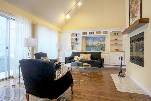 living room with high vaulted ceiling and light hardwood / wood-style floors