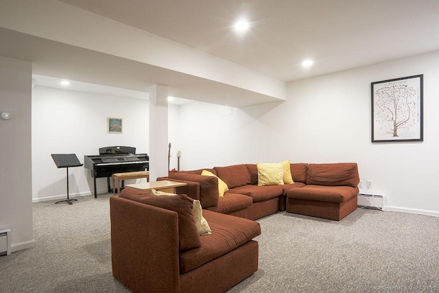 carpeted living room featuring baseboard heating