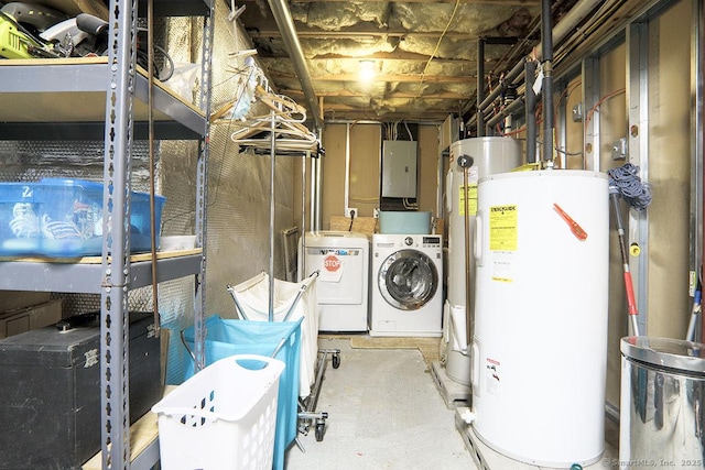 interior space featuring water heater, electric panel, electric water heater, and washer and dryer