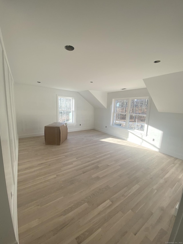 additional living space featuring light wood-type flooring and vaulted ceiling