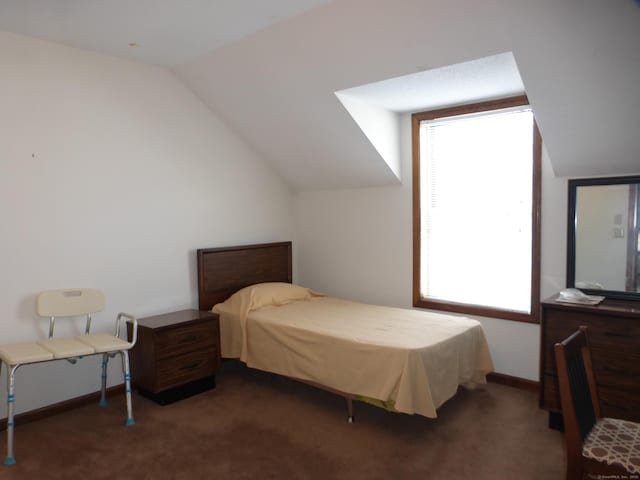 carpeted bedroom featuring lofted ceiling