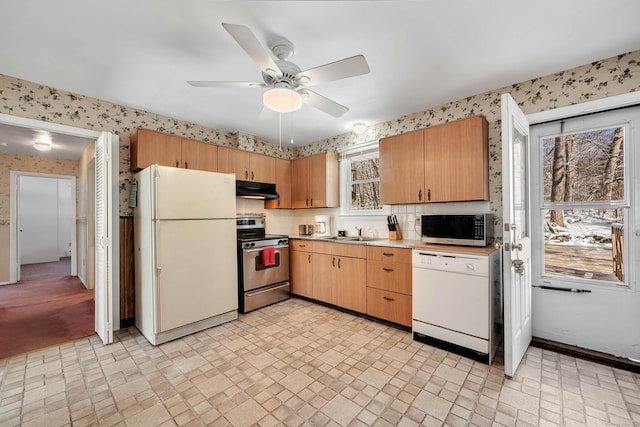 kitchen featuring sink, ceiling fan, appliances with stainless steel finishes, and decorative backsplash