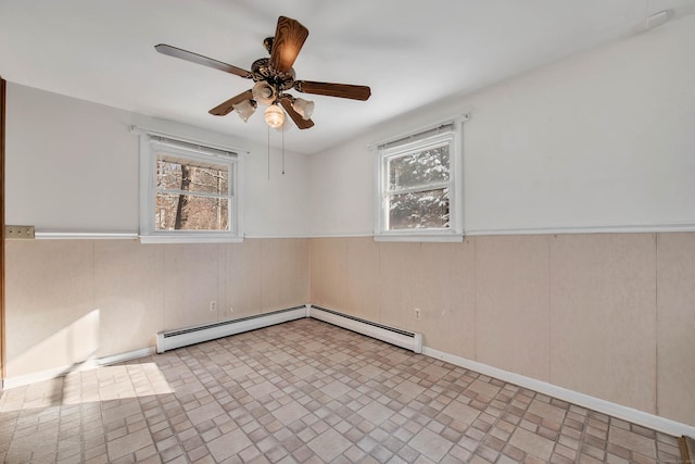 empty room featuring ceiling fan, a baseboard heating unit, and wooden walls