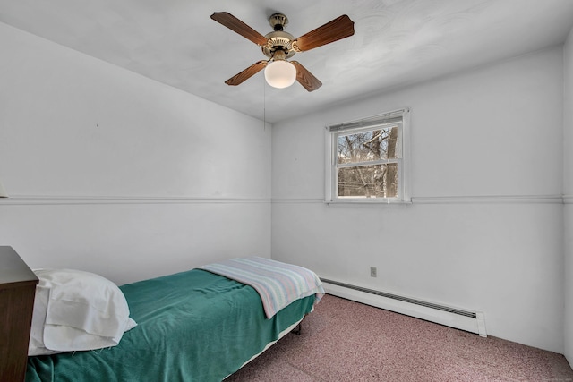 bedroom featuring ceiling fan, carpet flooring, and a baseboard radiator