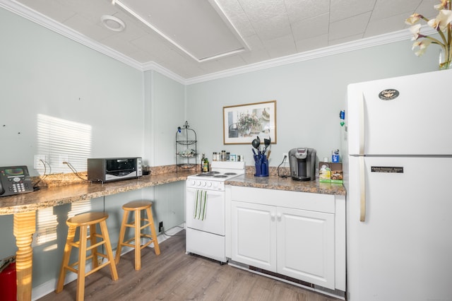 kitchen featuring white appliances, crown molding, stone countertops, light hardwood / wood-style flooring, and white cabinetry