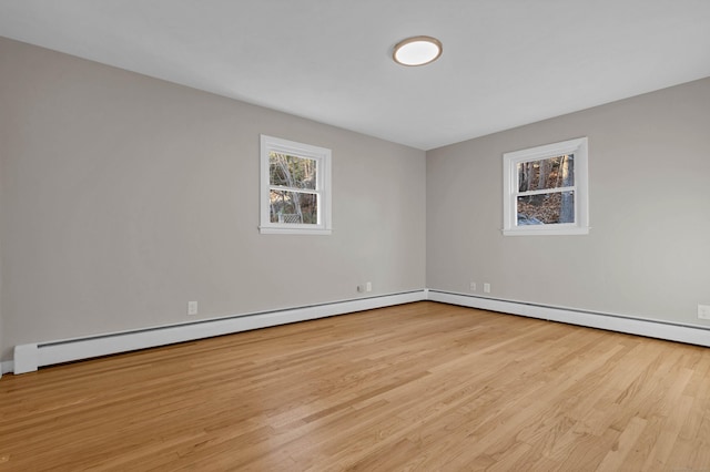 spare room with light hardwood / wood-style floors and baseboard heating