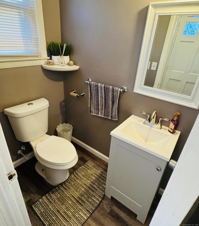 bathroom featuring vanity, wood-type flooring, and toilet