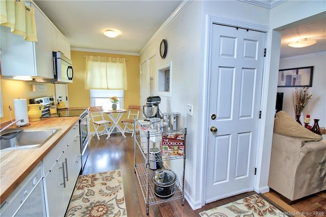 kitchen with butcher block counters, appliances with stainless steel finishes, dark hardwood / wood-style floors, crown molding, and sink