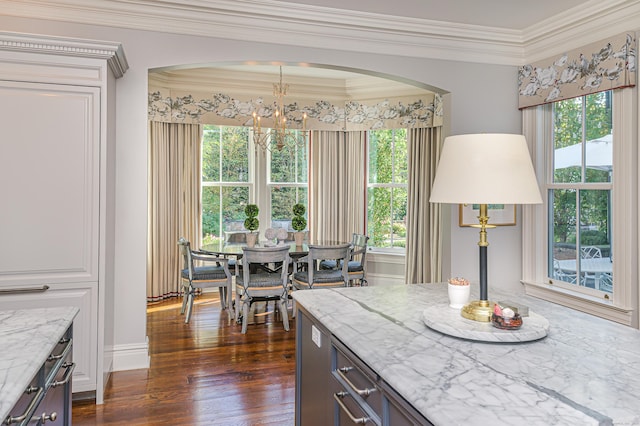 kitchen with light stone counters, a wealth of natural light, dark hardwood / wood-style flooring, and hanging light fixtures