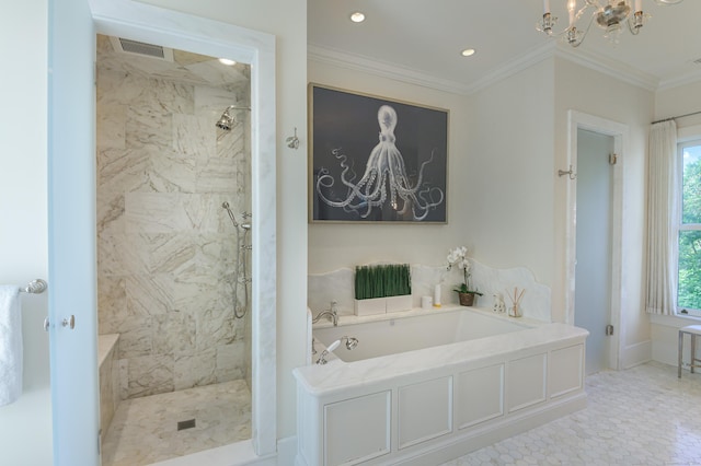 bathroom with tile patterned floors, crown molding, and shower with separate bathtub