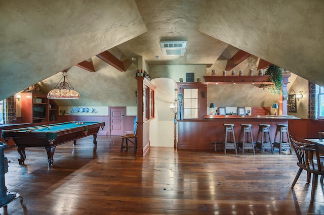 bar with billiards, dark hardwood / wood-style floors, and pendant lighting