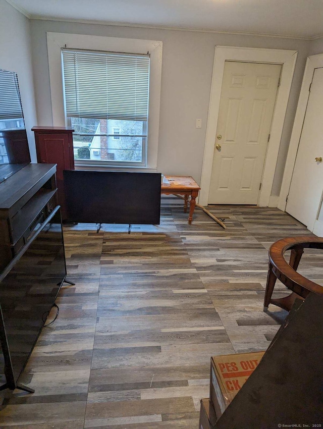 interior space featuring ornamental molding and wood-type flooring