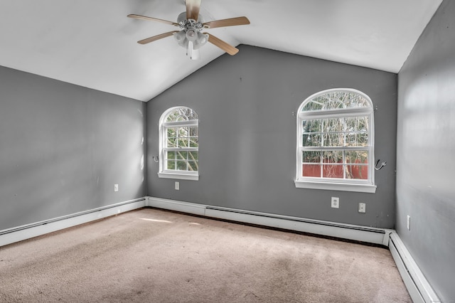 spare room with carpet, lofted ceiling, ceiling fan, and a baseboard radiator