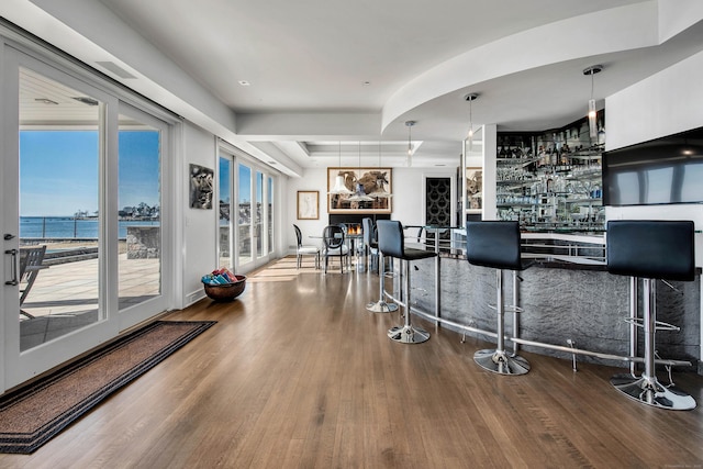 bar with wood-type flooring, a tray ceiling, pendant lighting, and a water view