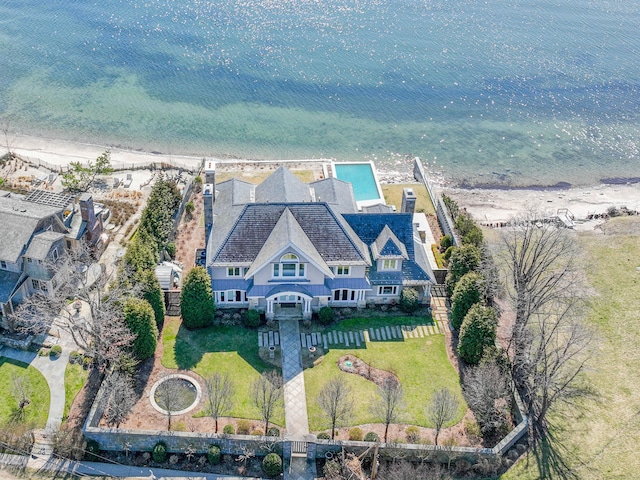 bird's eye view with a view of the beach and a water view