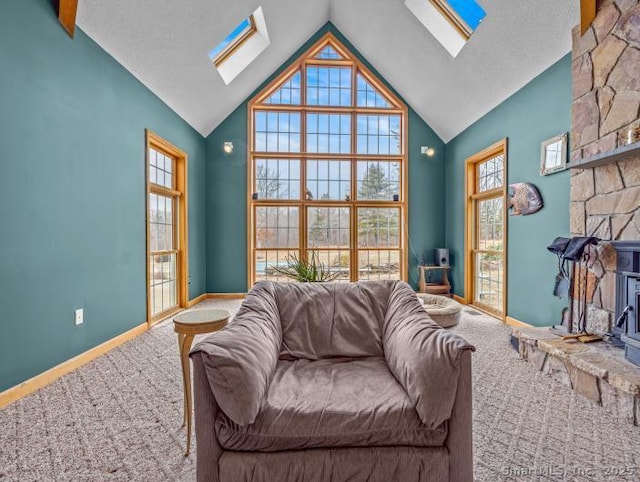 85 Salem Rd, East Haddam, CT 06415 - living area with a skylight, carpet floors, and high vaulted ceiling