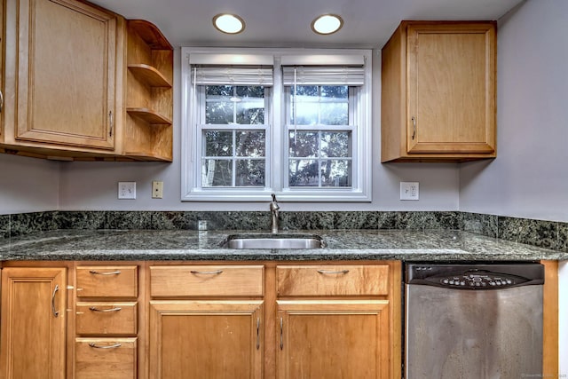 kitchen featuring sink, dark stone countertops, and dishwasher