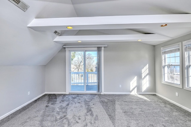 additional living space with vaulted ceiling, carpet, and plenty of natural light