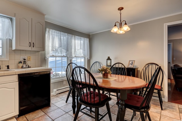 tiled dining area featuring an inviting chandelier, crown molding, and baseboard heating