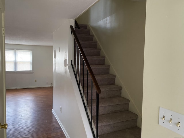 stairway with hardwood / wood-style floors