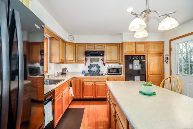 kitchen featuring sink, hanging light fixtures, black appliances, and light hardwood / wood-style flooring