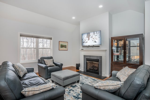 living room with lofted ceiling and wood-type flooring