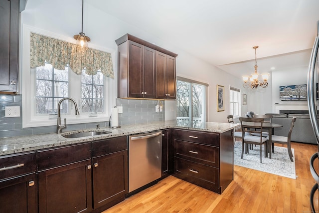 kitchen with backsplash, decorative light fixtures, dishwasher, a chandelier, and sink