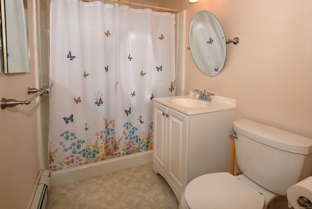 bathroom with curtained shower, vanity, toilet, and a baseboard radiator