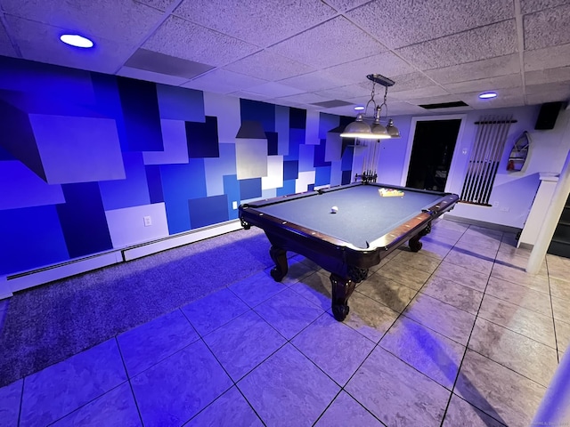 game room featuring a paneled ceiling, a baseboard heating unit, and pool table