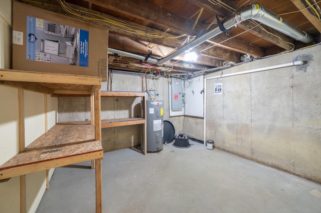 basement featuring electric water heater and electric panel