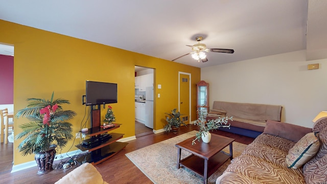 living room with ceiling fan and wood-type flooring