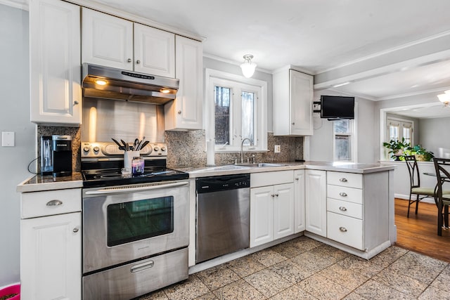 kitchen with stainless steel appliances, white cabinetry, sink, and kitchen peninsula