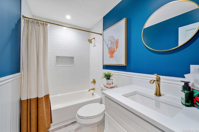 full bathroom with toilet, shower / tub combo, hardwood / wood-style floors, and vanity