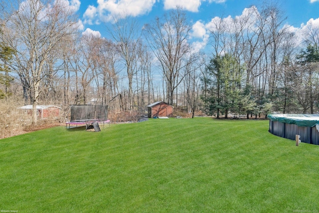 view of yard featuring a trampoline and a covered pool