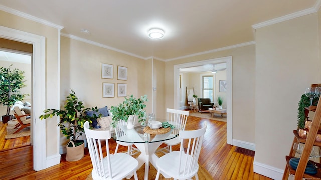 dining area with crown molding and light hardwood / wood-style flooring