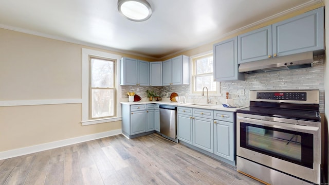 kitchen with sink, ornamental molding, appliances with stainless steel finishes, light hardwood / wood-style floors, and decorative backsplash