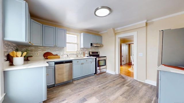 kitchen with crown molding, stainless steel appliances, sink, and tasteful backsplash