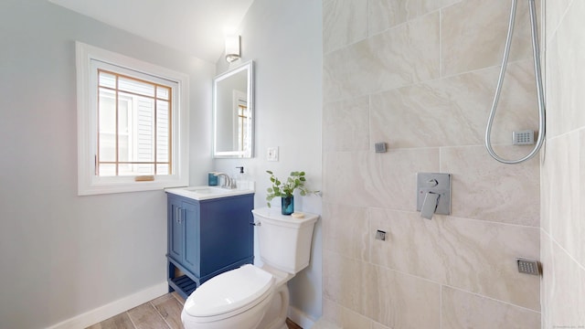 bathroom featuring vanity, wood-type flooring, and toilet