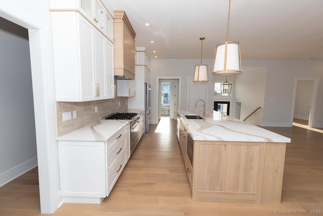 kitchen featuring high end appliances, a sink, light stone countertops, light wood-type flooring, and backsplash