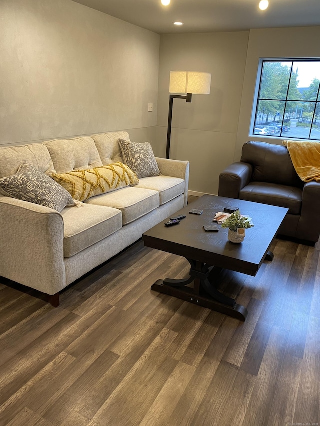 living room with dark wood-type flooring