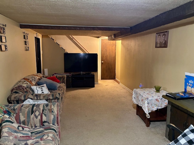 interior space with beamed ceiling and carpet floors