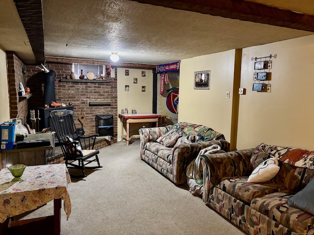 carpeted living room with beam ceiling, a textured ceiling, and a wood stove