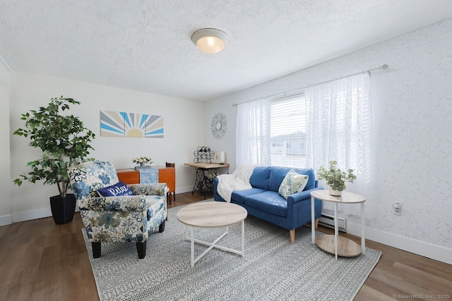 living room featuring a textured ceiling and hardwood / wood-style floors