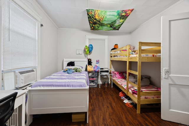 bedroom with dark wood-style floors, cooling unit, and crown molding