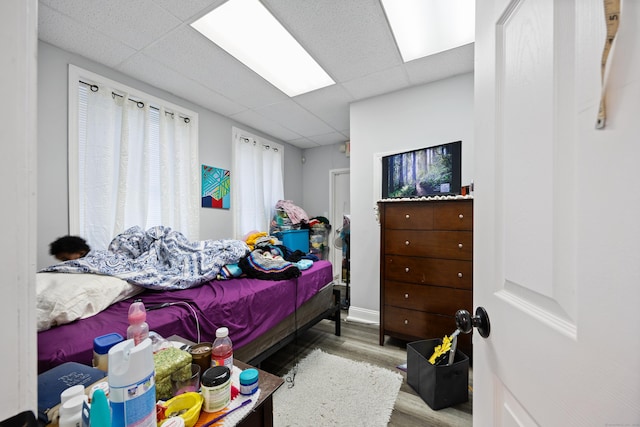 bedroom featuring a drop ceiling and wood finished floors