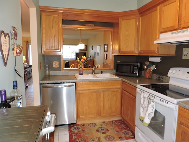 kitchen with dishwasher, decorative light fixtures, light tile patterned floors, white range with electric cooktop, and sink